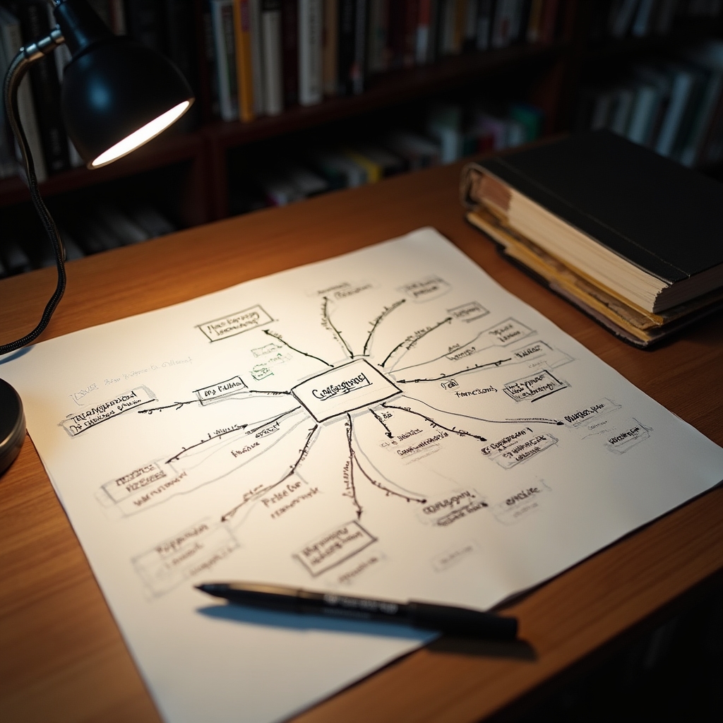Mapa mental desenhado à mão com categorias de gastos em papel pautado sobre mesa de estudo iluminada