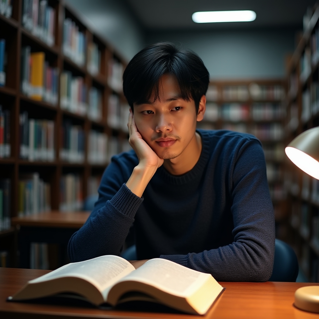 Pessoa estudando materiais sobre formação de hábitos em biblioteca com iluminação quente