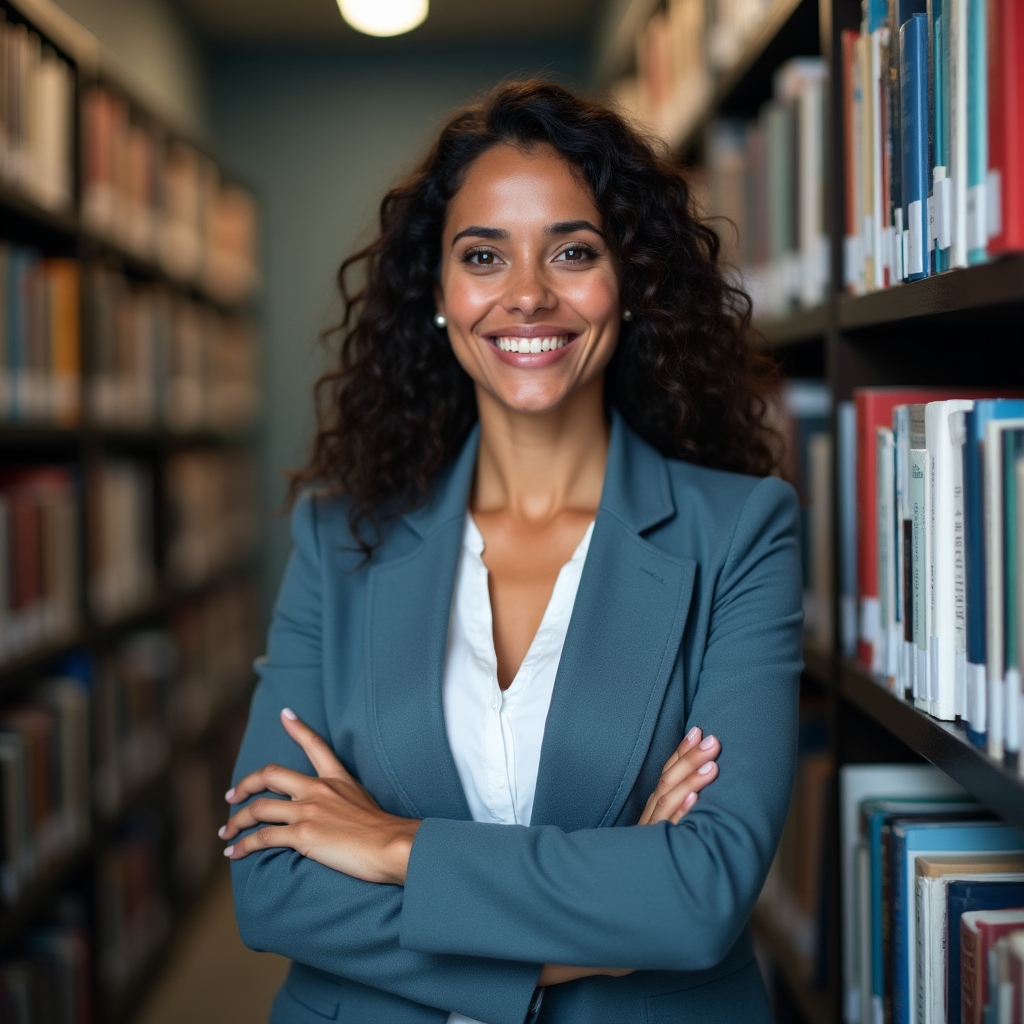 Educadora financeira de aproximadamente 35 anos sorrindo em biblioteca com livros ao fundo